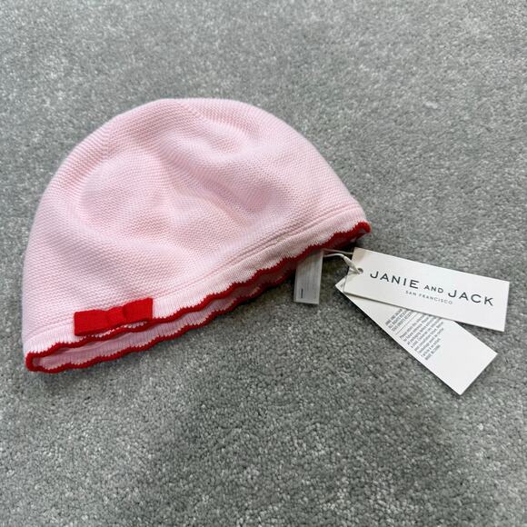 Janie and Jack NWT Pink Knit Beanie Beret Red Bow Scalloped Baby Girl 18–24 Mos - Picture 2 of 12